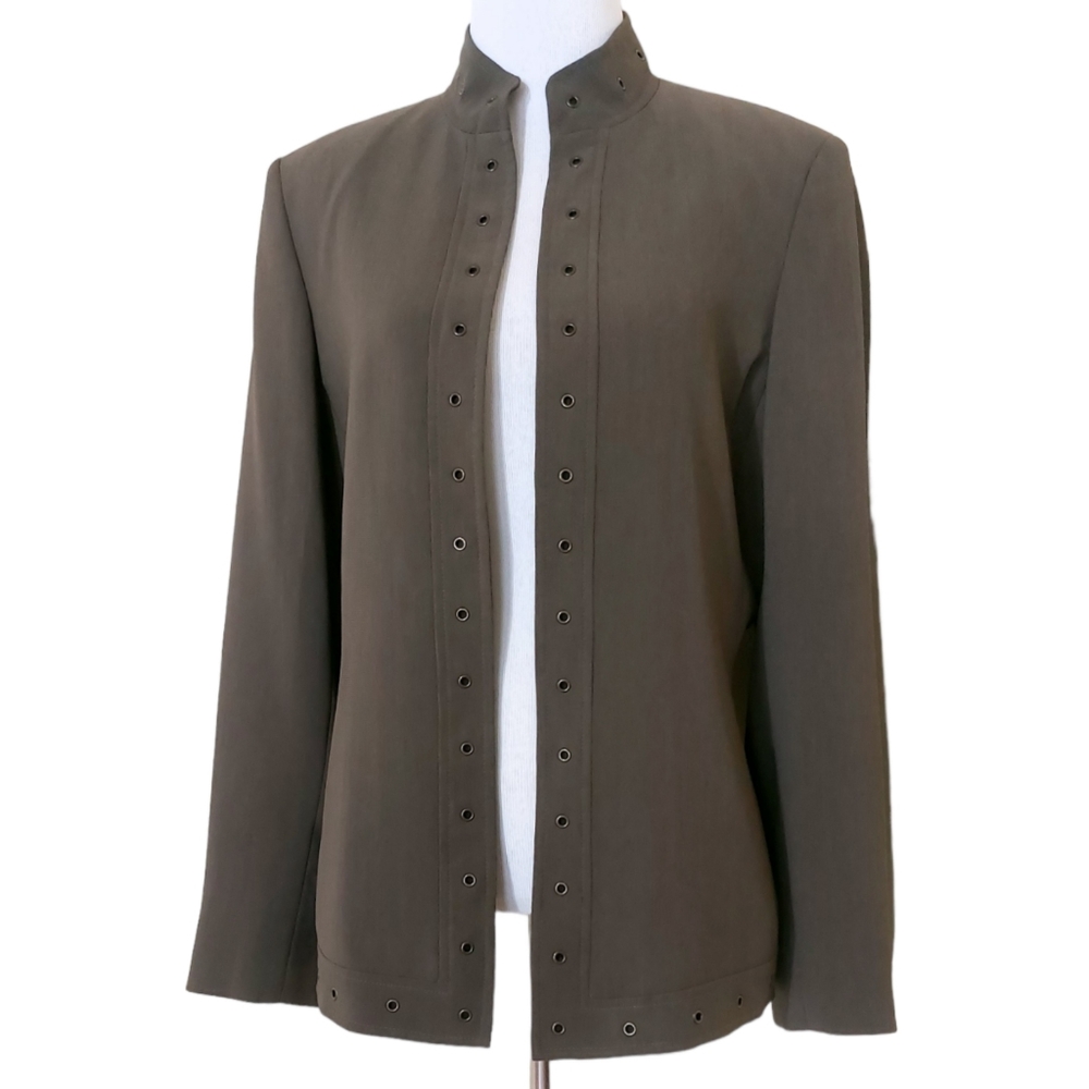 Kasper Olive Army Green Grommet Stud Open Front Jacket Womens Size 8